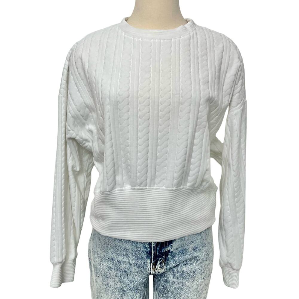 SHORE Velvet Velour Cable Knit Pullover Long Sleeve Top in Ivory | Size: XL